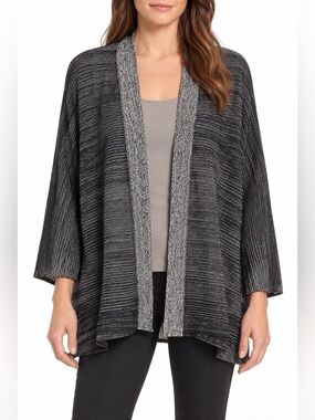 Eileen Fisher Silk Organic Cotton Open Front Cardigan Black Gray Women XL